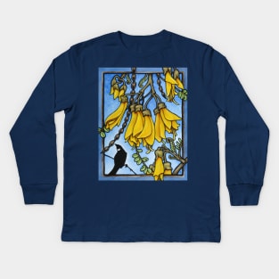 Tui in the kowhai tree Kids Long Sleeve T-Shirt